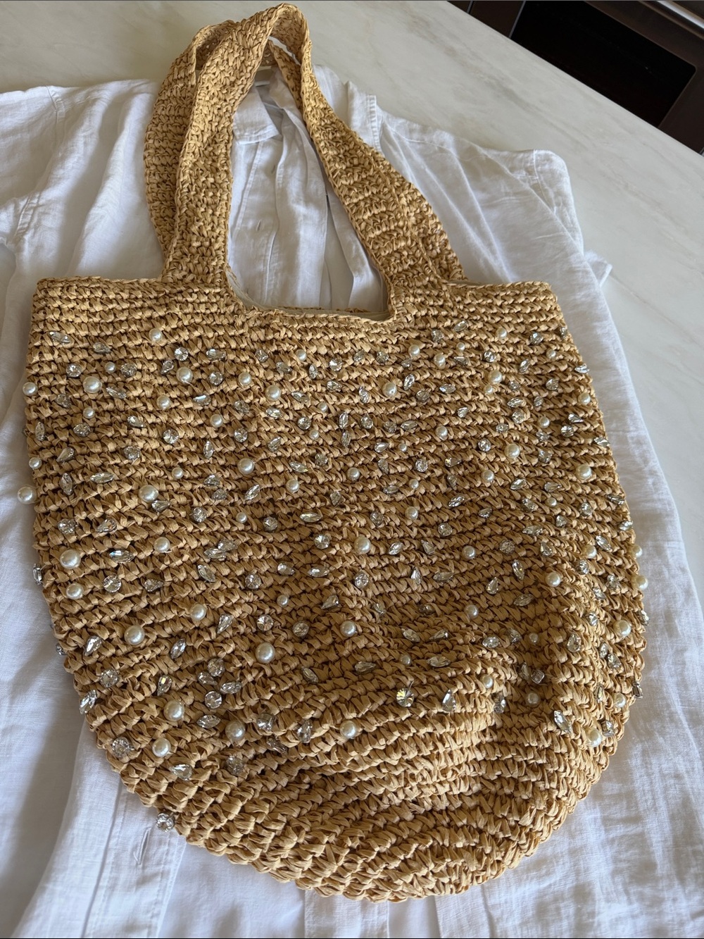 BtB Straw/raffia style Embellished Tote Bag - Natural. Lined, zip pocket. NWOT!